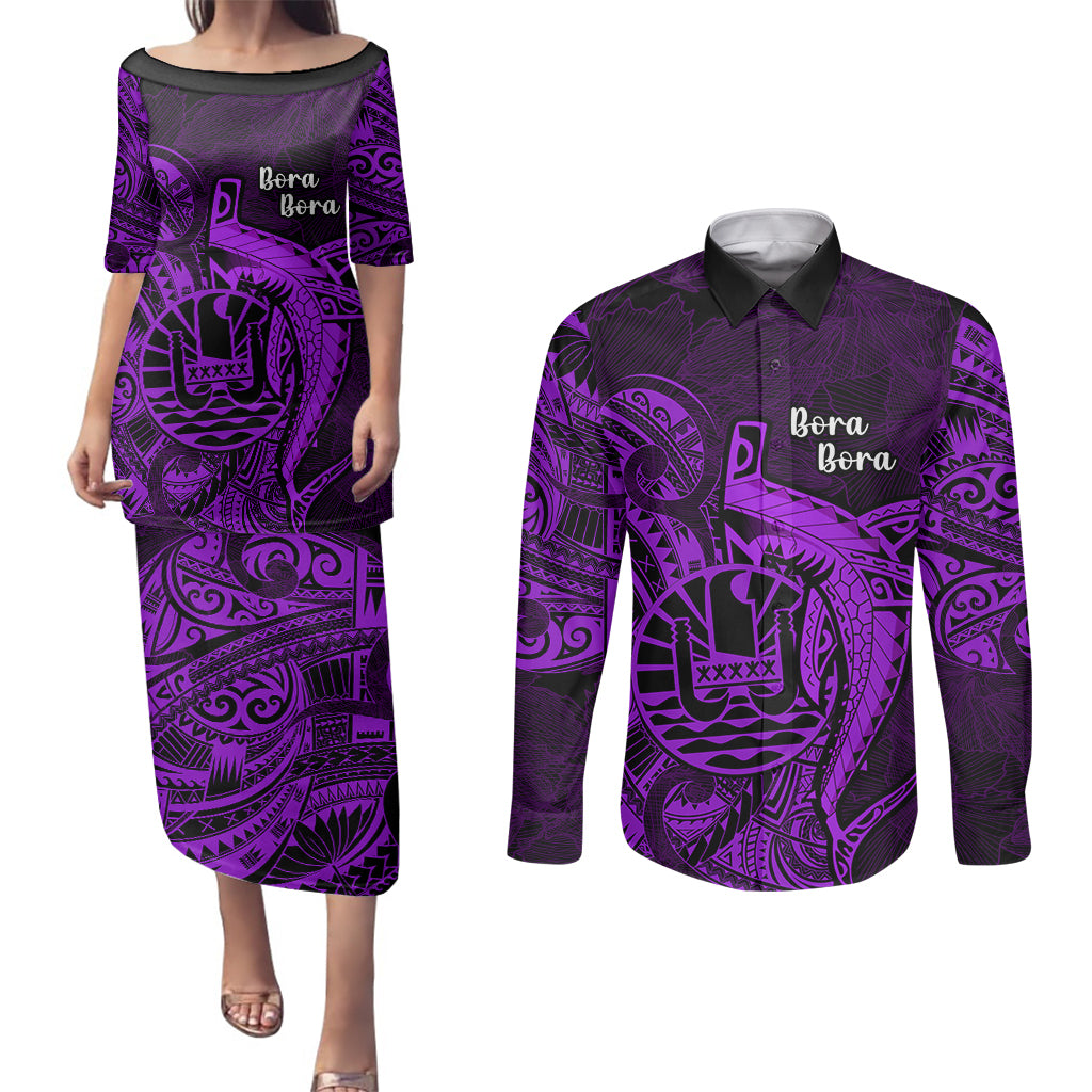 French Polynesia Bora Bora Couples Matching Puletasi Dress and Long Sleeve Button Shirts Polynesian Shark Tattoo With Hibiscus Purple Version LT14 Purple - Polynesian Pride