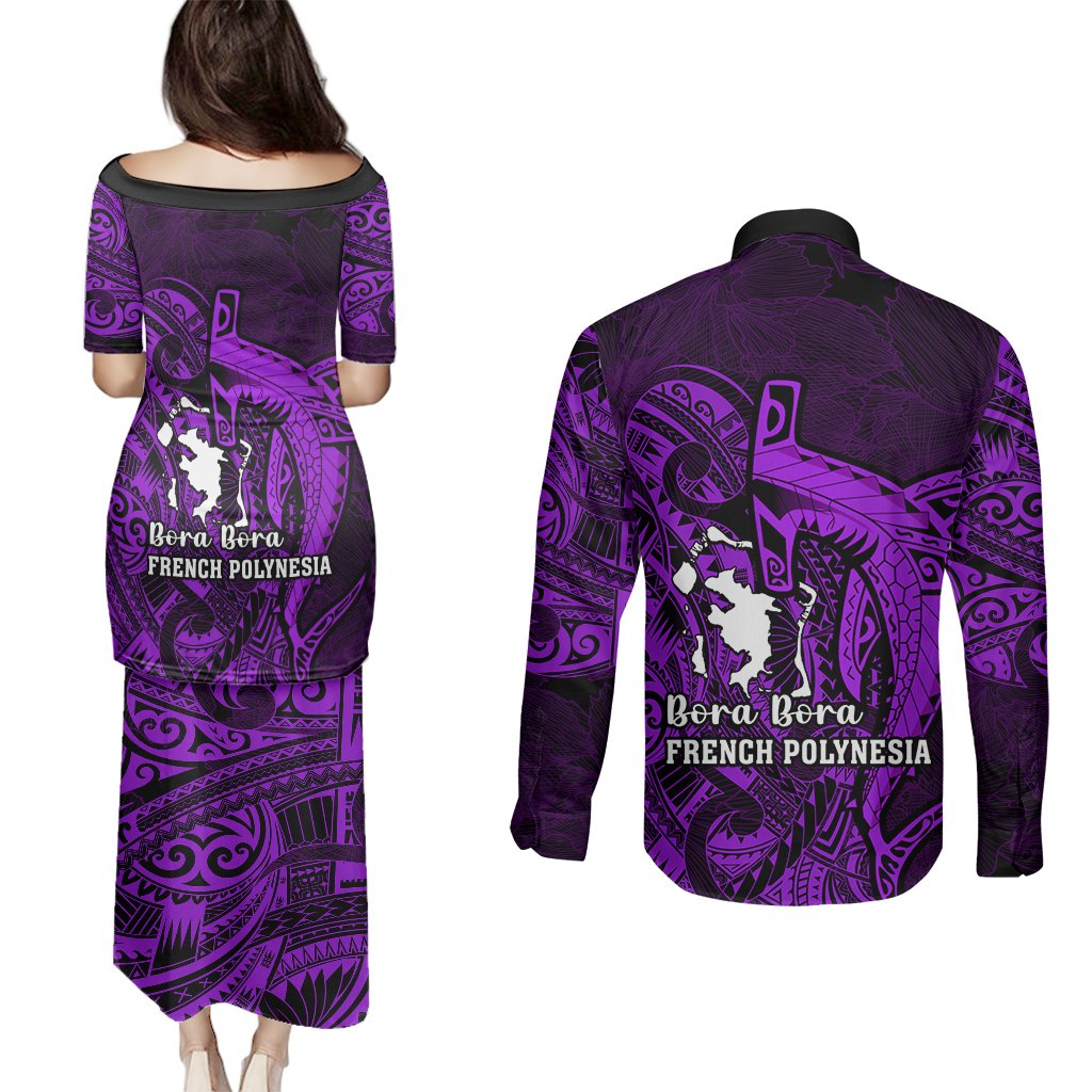 French Polynesia Bora Bora Couples Matching Puletasi Dress and Long Sleeve Button Shirts Polynesian Shark Tattoo With Hibiscus Purple Version LT14 - Polynesian Pride