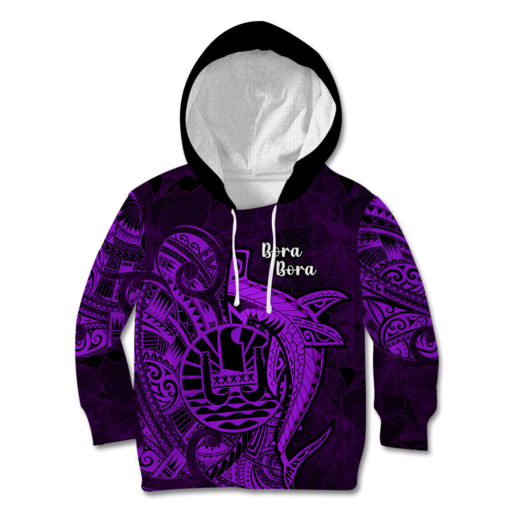 French Polynesia Bora Bora Kid Hoodie Polynesian Shark Tattoo With Hibiscus Purple Version LT14 Purple - Polynesian Pride