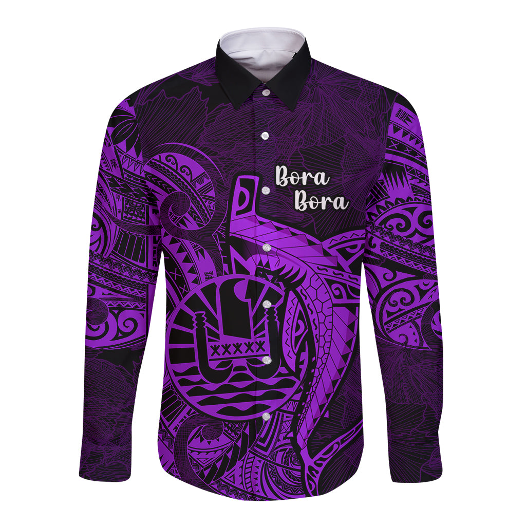 French Polynesia Bora Bora Long Sleeve Button Shirt Polynesian Shark Tattoo With Hibiscus Purple Version LT14 Unisex Purple - Polynesian Pride