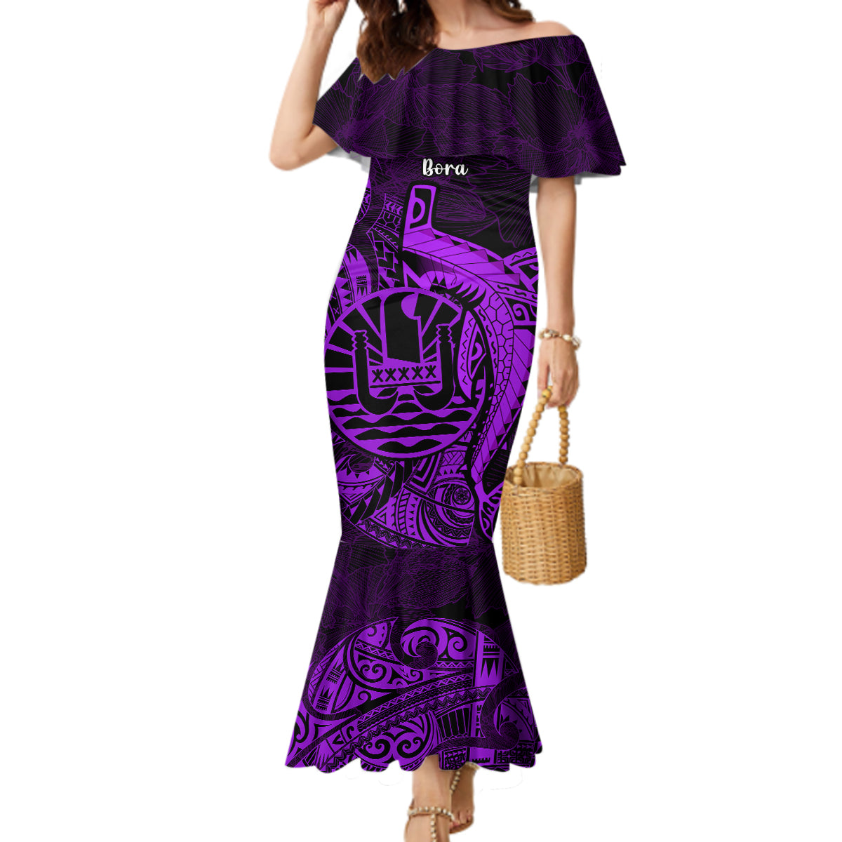 French Polynesia Bora Bora Mermaid Dress Polynesian Shark Tattoo With Hibiscus Purple Version LT14 Women Purple - Polynesian Pride