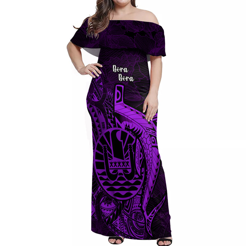 French Polynesia Bora Bora Off Shoulder Maxi Dress Polynesian Shark Tattoo With Hibiscus Purple Version LT14 Women Purple - Polynesian Pride