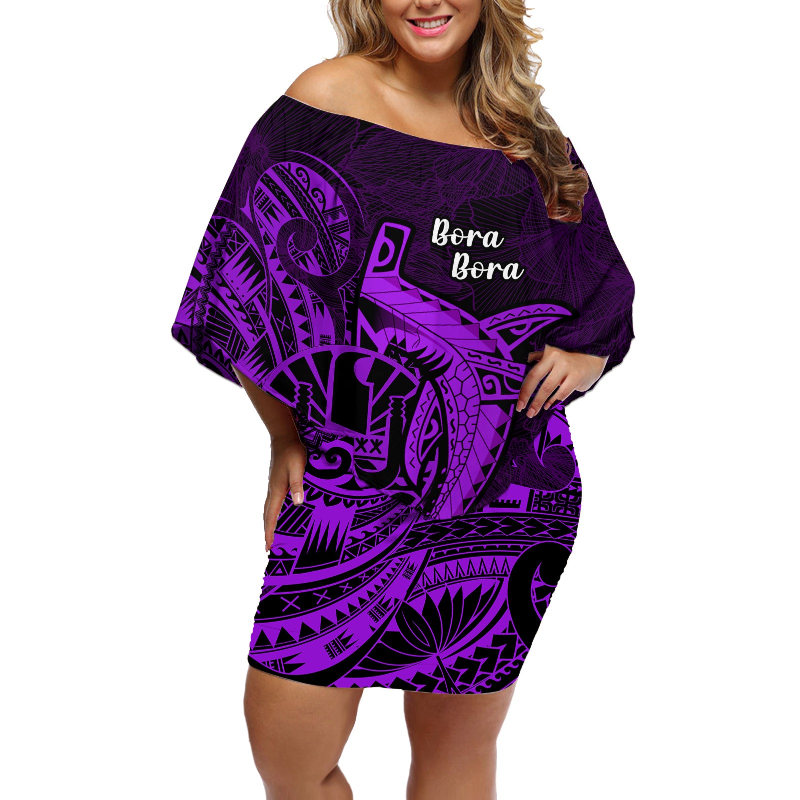 French Polynesia Bora Bora Off Shoulder Short Dress Polynesian Shark Tattoo With Hibiscus Purple Version LT14 Women Purple - Polynesian Pride