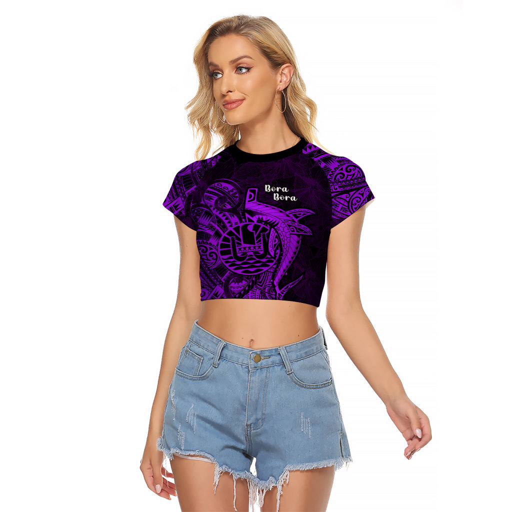 French Polynesia Bora Bora Raglan Cropped T Shirt Polynesian Shark Tattoo With Hibiscus Purple Version LT14 Female Purple - Polynesian Pride