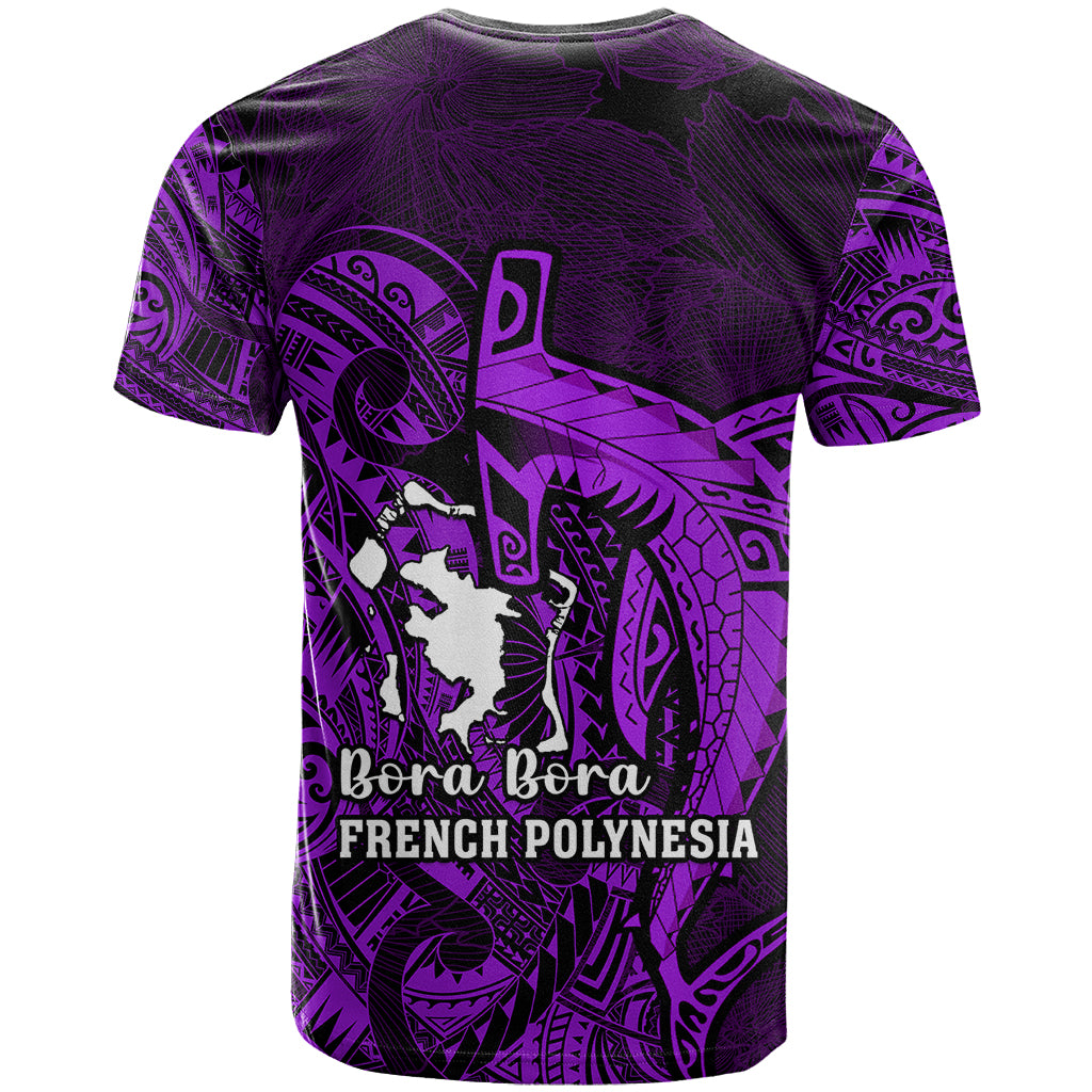 French Polynesia Bora Bora T Shirt Polynesian Shark Tattoo With Hibiscus Purple Version LT14 - Polynesian Pride