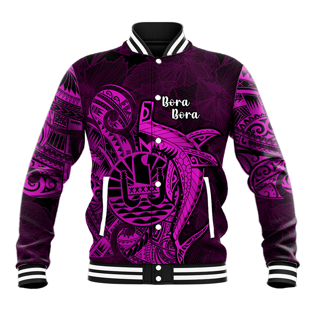 French Polynesia Bora Bora Baseball Jacket Polynesian Shark Tattoo With Hibiscus Pink Version LT14 Unisex Pink - Polynesian Pride