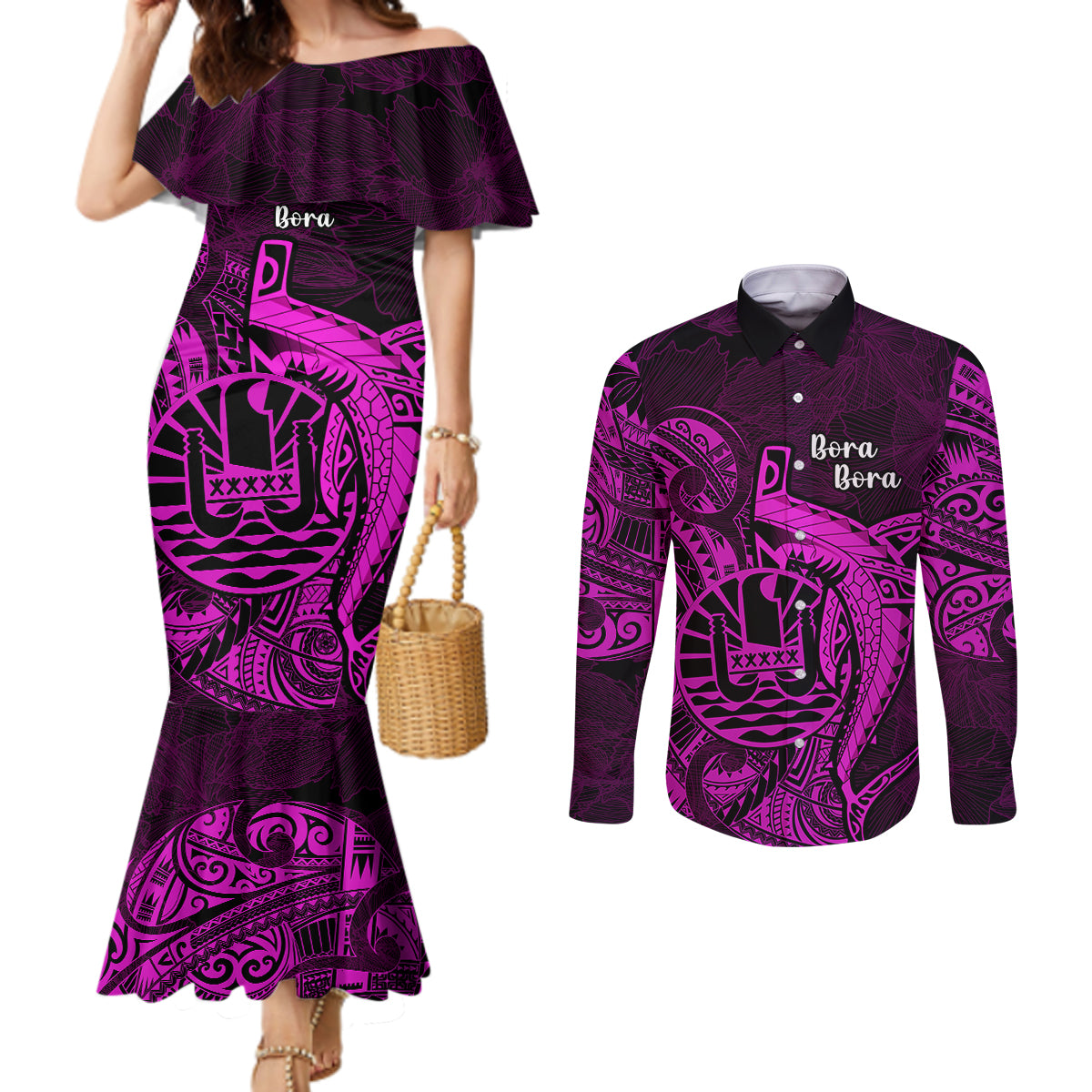 French Polynesia Bora Bora Couples Matching Mermaid Dress and Long Sleeve Button Shirts Polynesian Shark Tattoo With Hibiscus Pink Version LT14 Pink - Polynesian Pride