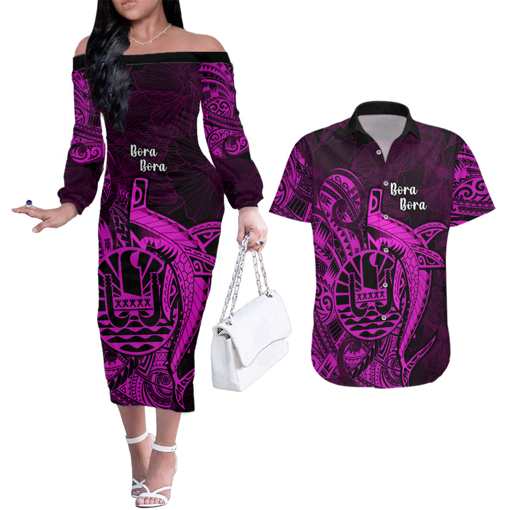 French Polynesia Bora Bora Couples Matching Off The Shoulder Long Sleeve Dress and Hawaiian Shirt Polynesian Shark Tattoo With Hibiscus Pink Version LT14 Pink - Polynesian Pride