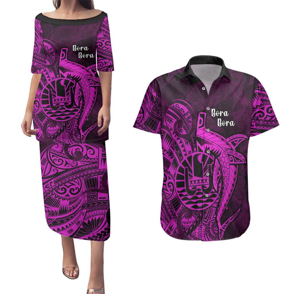 French Polynesia Bora Bora Couples Matching Puletasi Dress and Hawaiian Shirt Polynesian Shark Tattoo With Hibiscus Pink Version LT14 Pink - Polynesian Pride