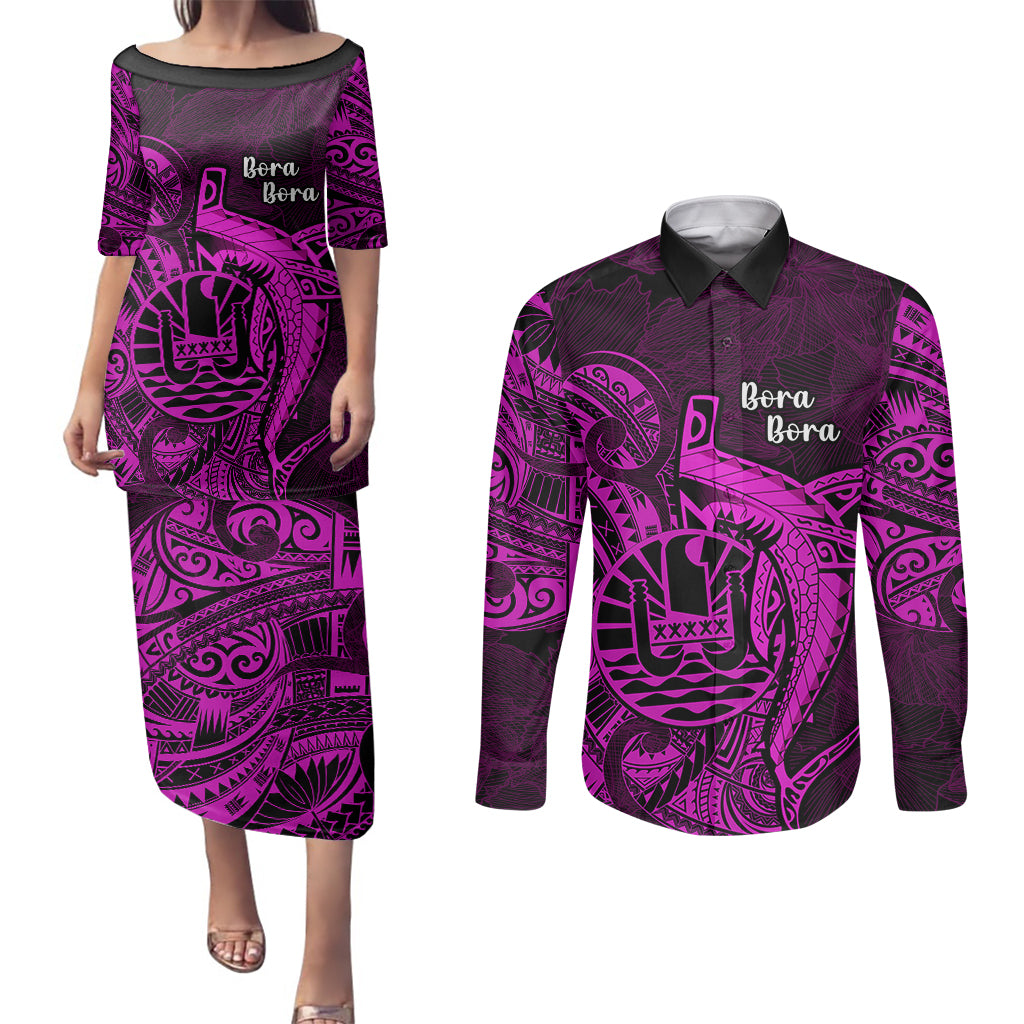 French Polynesia Bora Bora Couples Matching Puletasi Dress and Long Sleeve Button Shirts Polynesian Shark Tattoo With Hibiscus Pink Version LT14 Pink - Polynesian Pride