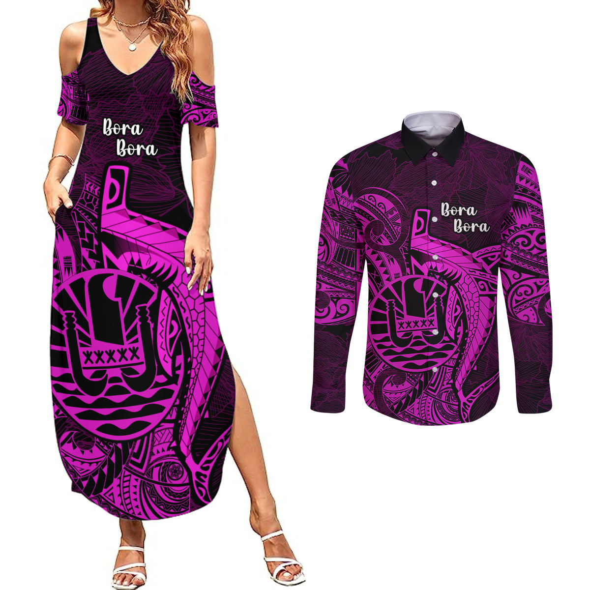 French Polynesia Bora Bora Couples Matching Summer Maxi Dress and Long Sleeve Button Shirts Polynesian Shark Tattoo With Hibiscus Pink Version LT14 Pink - Polynesian Pride