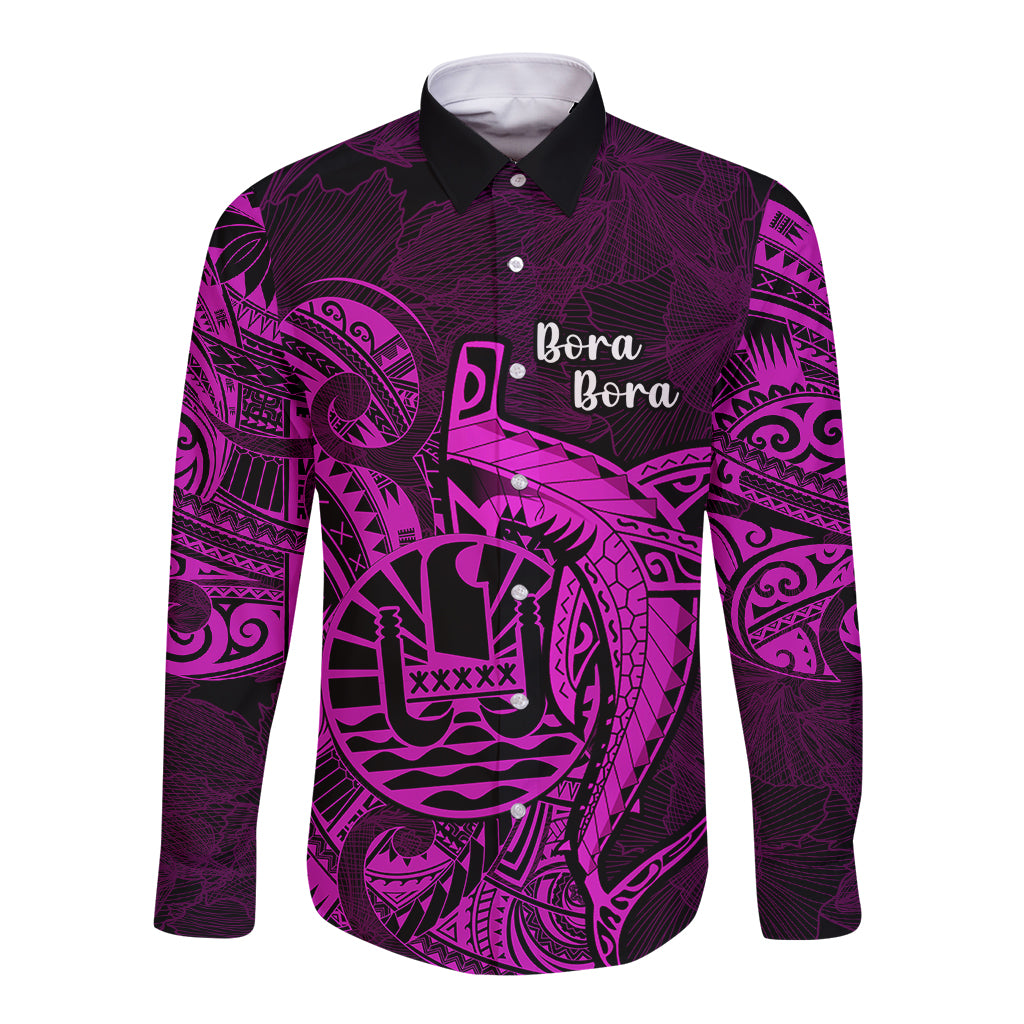 French Polynesia Bora Bora Long Sleeve Button Shirt Polynesian Shark Tattoo With Hibiscus Pink Version LT14 Unisex Pink - Polynesian Pride