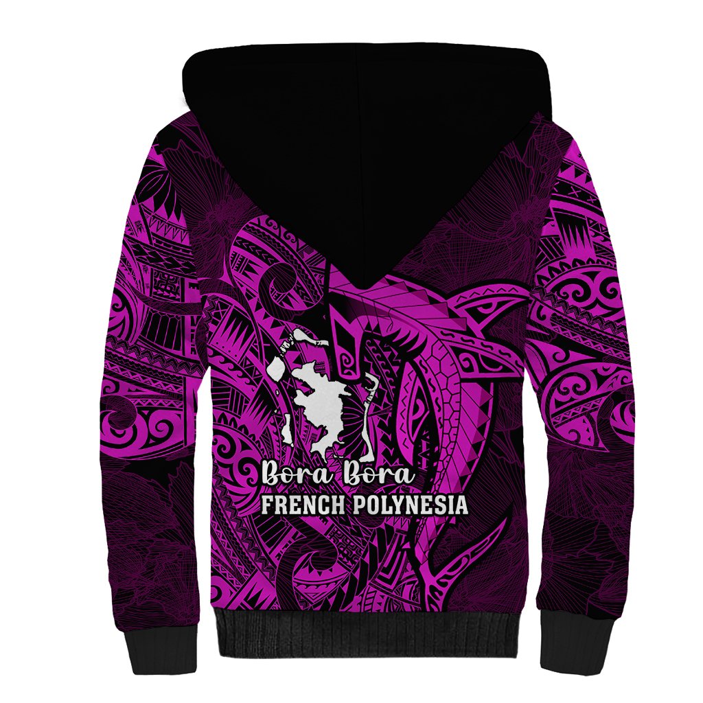 French Polynesia Bora Bora Sherpa Hoodie Polynesian Shark Tattoo With Hibiscus Pink Version LT14 - Polynesian Pride