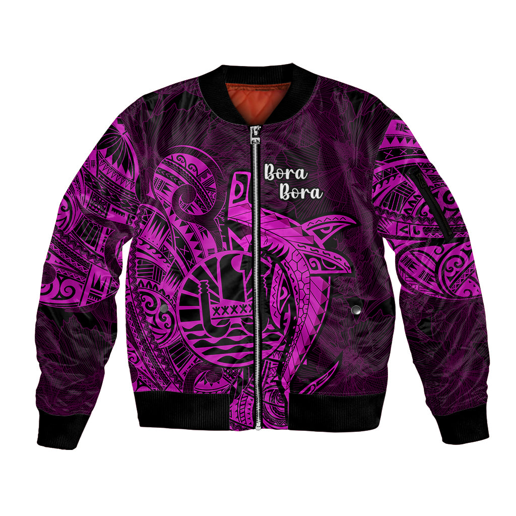 French Polynesia Bora Bora Sleeve Zip Bomber Jacket Polynesian Shark Tattoo With Hibiscus Pink Version LT14 Unisex Pink - Polynesian Pride