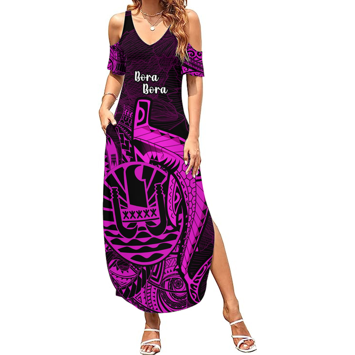 French Polynesia Bora Bora Summer Maxi Dress Polynesian Shark Tattoo With Hibiscus Pink Version LT14 Women Pink - Polynesian Pride