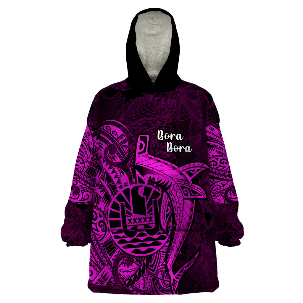 French Polynesia Bora Bora Wearable Blanket Hoodie Polynesian Shark Tattoo With Hibiscus Pink Version LT14 One Size Pink - Polynesian Pride