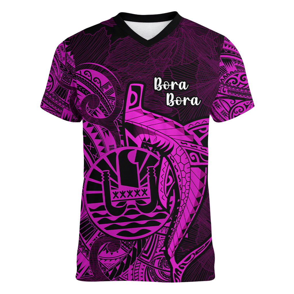 French Polynesia Bora Bora Women V Neck T Shirt Polynesian Shark Tattoo With Hibiscus Pink Version LT14 Female Pink - Polynesian Pride