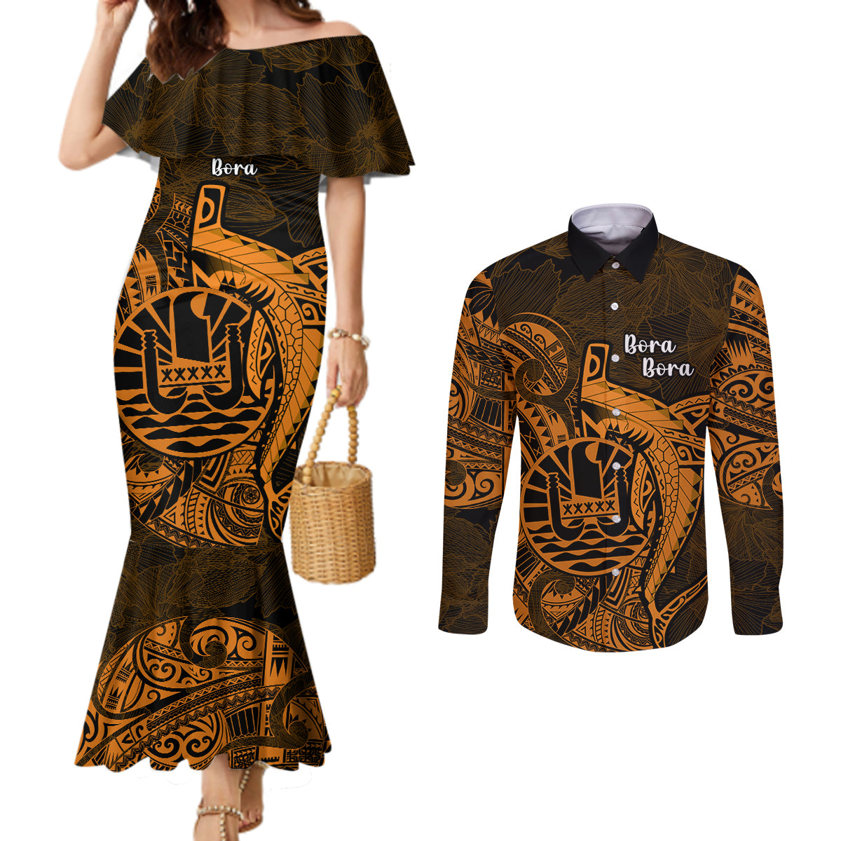 French Polynesia Bora Bora Couples Matching Mermaid Dress and Long Sleeve Button Shirts Polynesian Shark Tattoo With Hibiscus Red Version LT14 Gold - Polynesian Pride