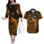 French Polynesia Bora Bora Couples Matching Off The Shoulder Long Sleeve Dress and Hawaiian Shirt Polynesian Shark Tattoo With Hibiscus Red Version LT14 Gold - Polynesian Pride