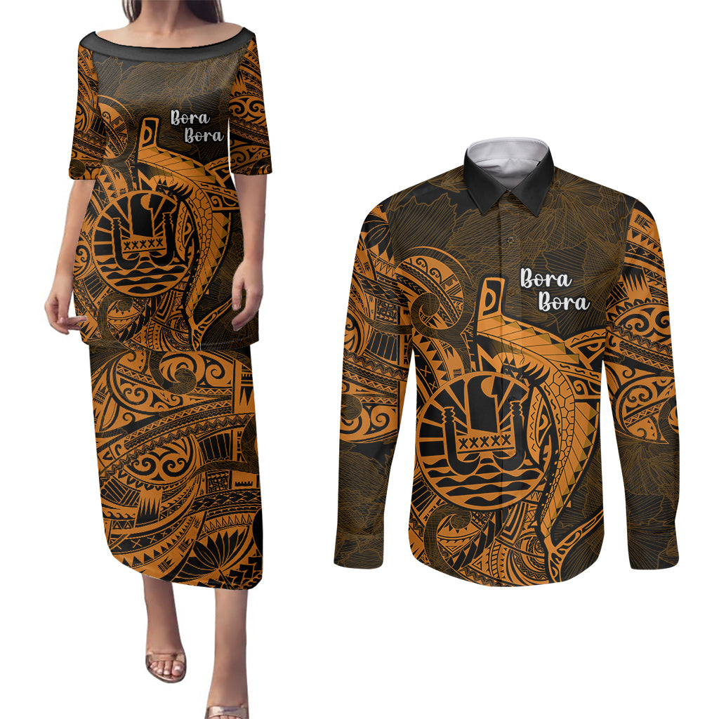 French Polynesia Bora Bora Couples Matching Puletasi Dress and Long Sleeve Button Shirts Polynesian Shark Tattoo With Hibiscus Red Version LT14 Gold - Polynesian Pride