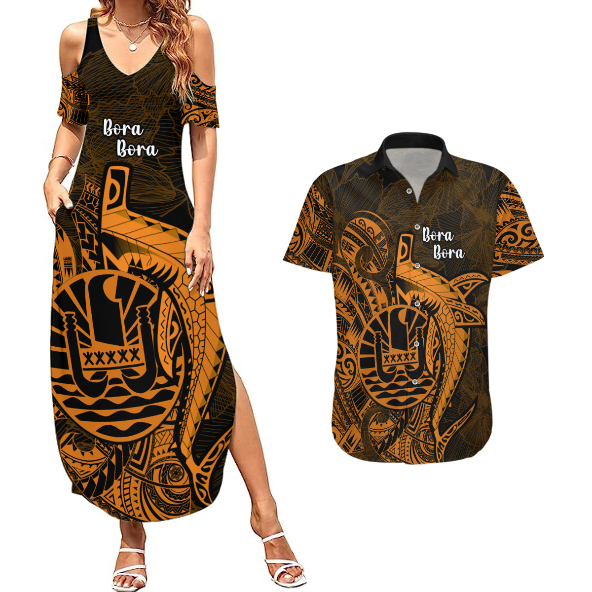 French Polynesia Bora Bora Couples Matching Summer Maxi Dress and Hawaiian Shirt Polynesian Shark Tattoo With Hibiscus Red Version LT14 Gold - Polynesian Pride