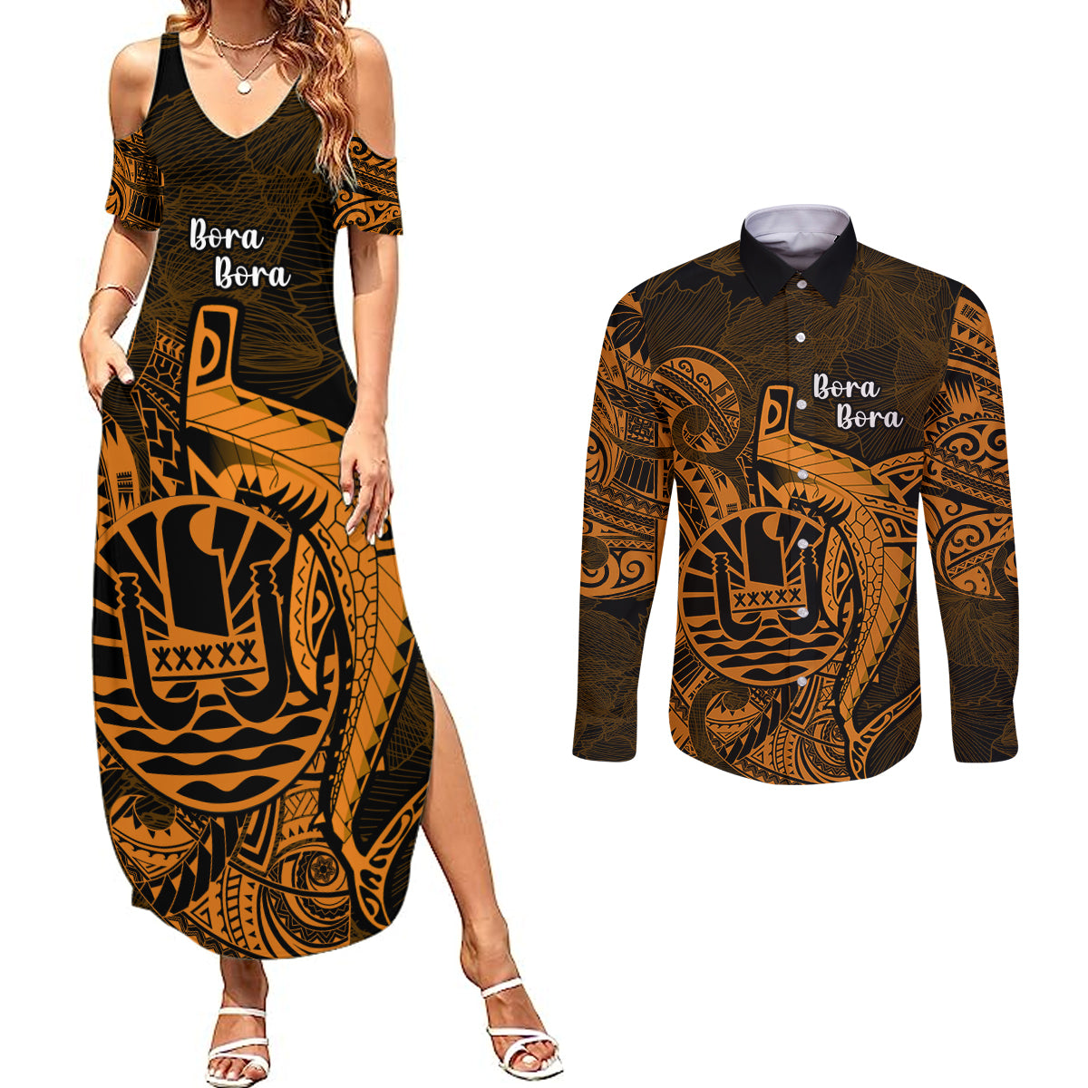 French Polynesia Bora Bora Couples Matching Summer Maxi Dress and Long Sleeve Button Shirts Polynesian Shark Tattoo With Hibiscus Red Version LT14 Gold - Polynesian Pride