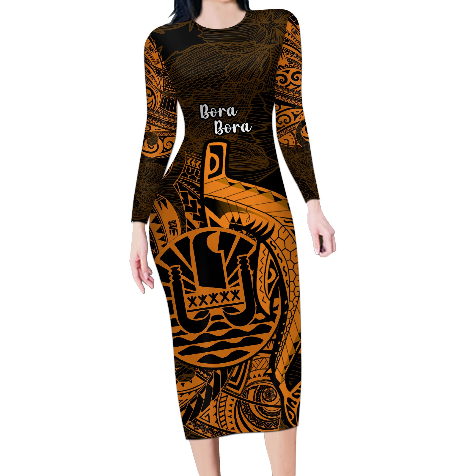 French Polynesia Bora Bora Long Sleeve Bodycon Dress Polynesian Shark Tattoo With Hibiscus Red Version LT14 Long Dress Gold - Polynesian Pride