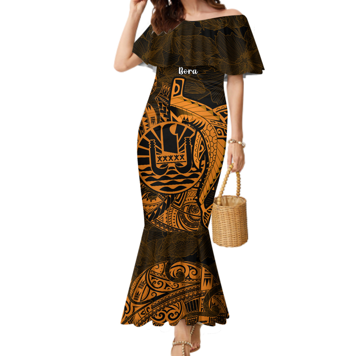 French Polynesia Bora Bora Mermaid Dress Polynesian Shark Tattoo With Hibiscus Red Version LT14 Women Gold - Polynesian Pride