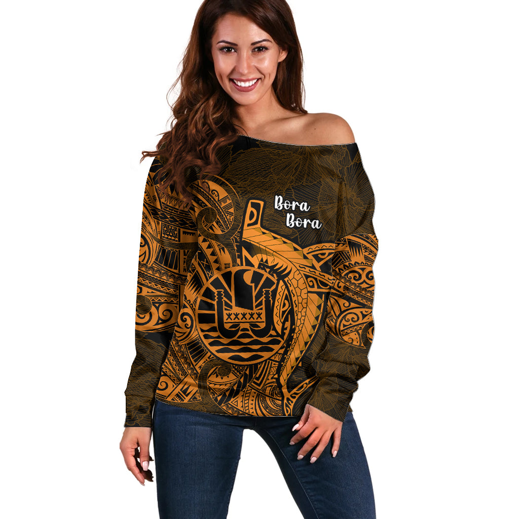 French Polynesia Bora Bora Off Shoulder Sweater Polynesian Shark Tattoo With Hibiscus Red Version LT14 Women Gold - Polynesian Pride