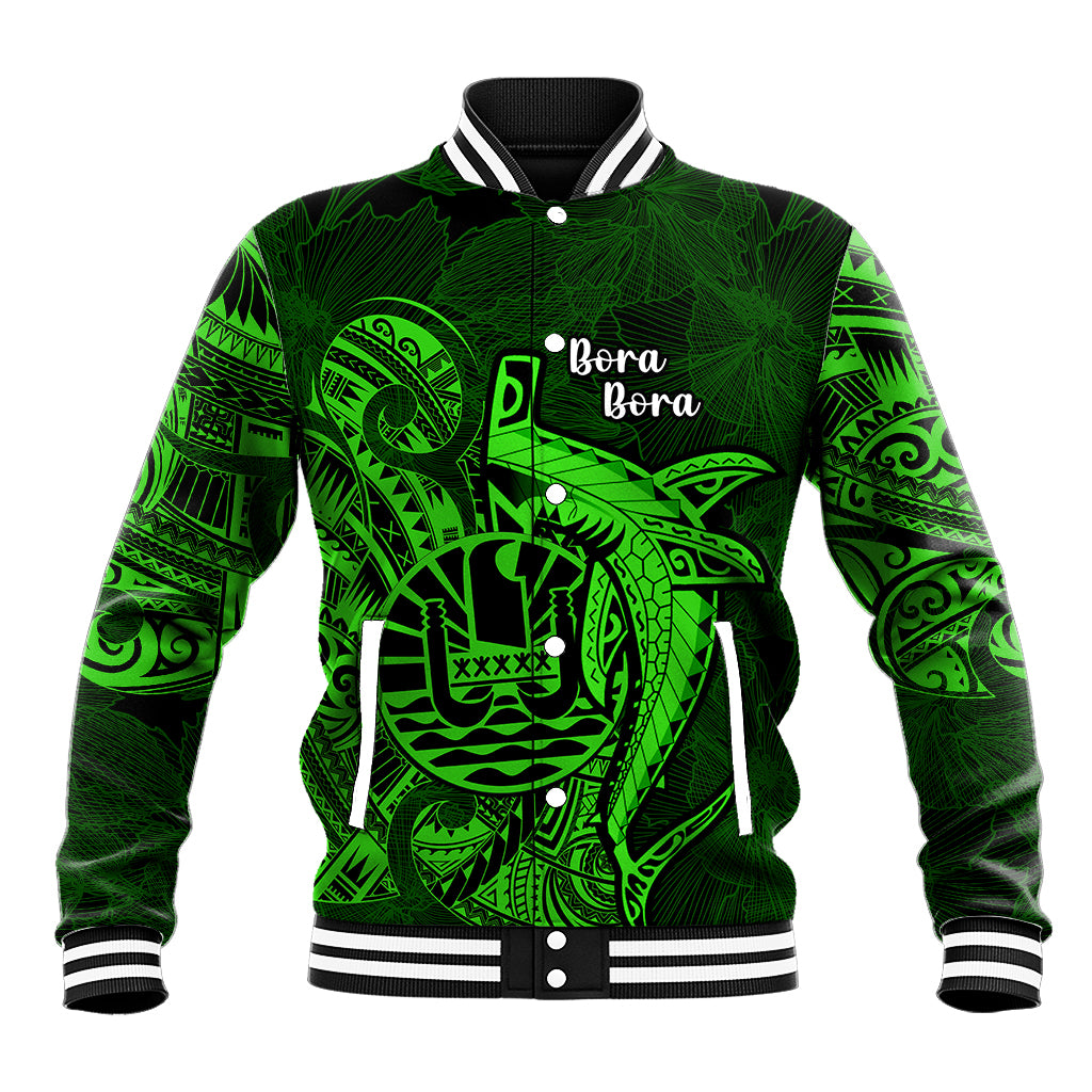 French Polynesia Bora Bora Baseball Jacket Polynesian Shark Tattoo With Hibiscus Green Version LT14 Unisex Green - Polynesian Pride