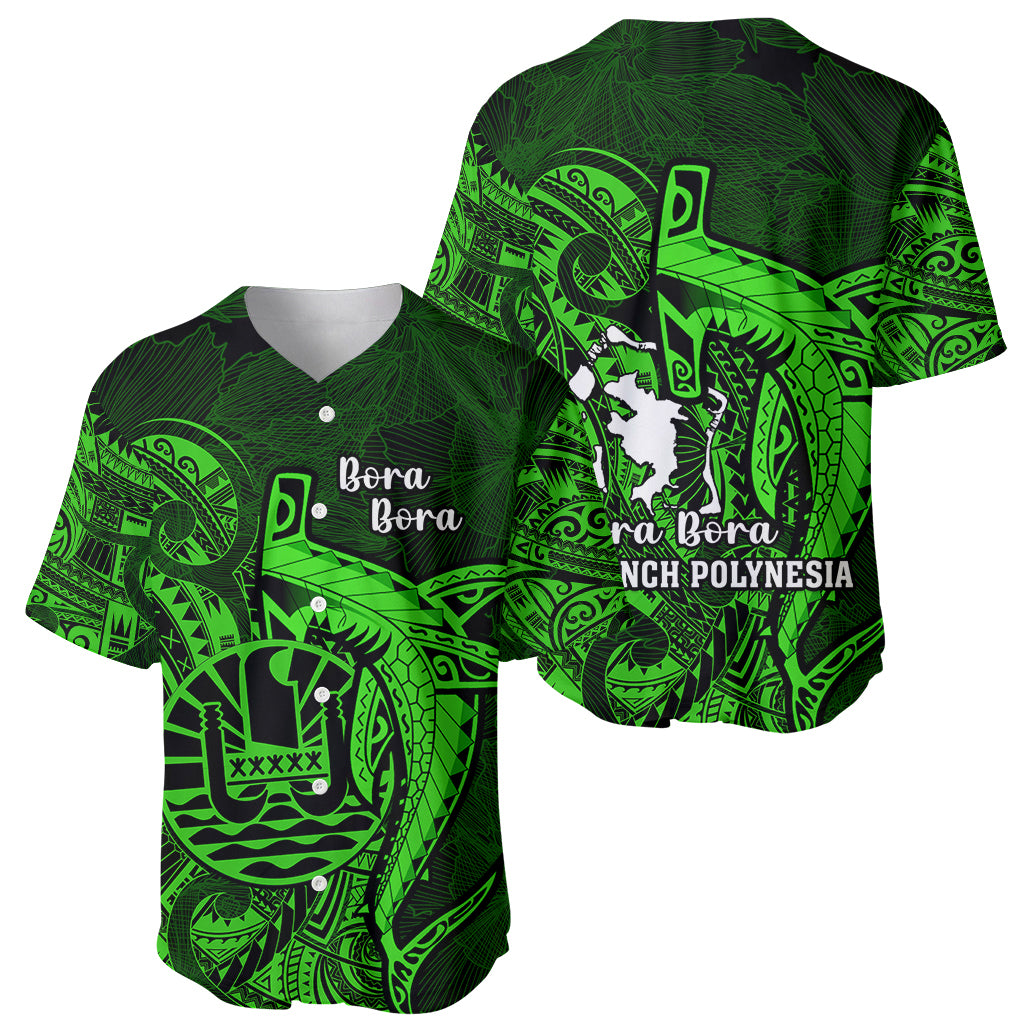 French Polynesia Bora Bora Baseball Jersey Polynesian Shark Tattoo With Hibiscus Green Version LT14 - Polynesian Pride