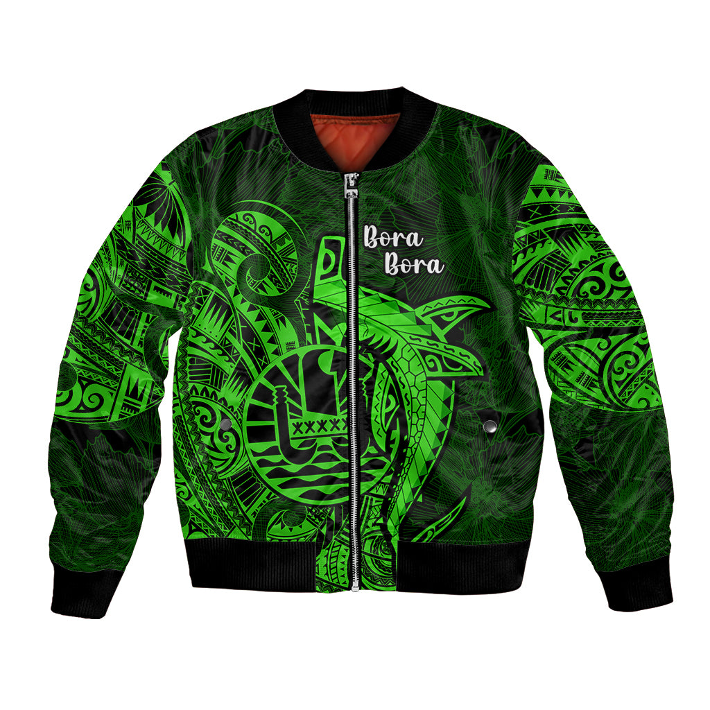 French Polynesia Bora Bora Bomber Jacket Polynesian Shark Tattoo With Hibiscus Green Version LT14 Unisex Green - Polynesian Pride