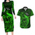 French Polynesia Bora Bora Couples Matching Long Sleeve Bodycon Dress and Hawaiian Shirt Polynesian Shark Tattoo With Hibiscus Green Version LT14 Green - Polynesian Pride