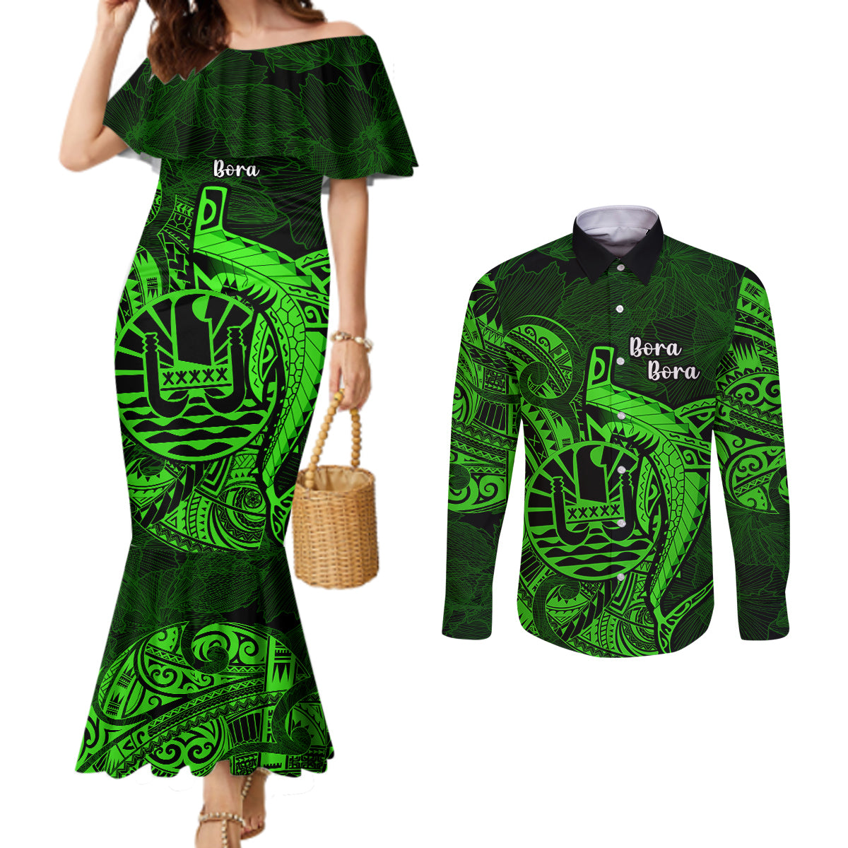 French Polynesia Bora Bora Couples Matching Mermaid Dress and Long Sleeve Button Shirts Polynesian Shark Tattoo With Hibiscus Green Version LT14 Green - Polynesian Pride