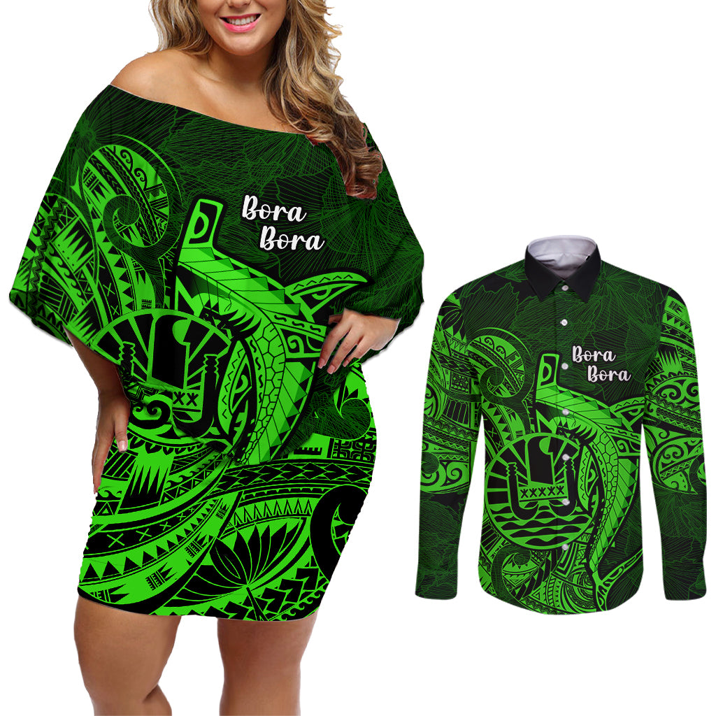 French Polynesia Bora Bora Couples Matching Off Shoulder Short Dress and Long Sleeve Button Shirts Polynesian Shark Tattoo With Hibiscus Green Version LT14 Green - Polynesian Pride