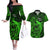 French Polynesia Bora Bora Couples Matching Off The Shoulder Long Sleeve Dress and Hawaiian Shirt Polynesian Shark Tattoo With Hibiscus Green Version LT14 Green - Polynesian Pride