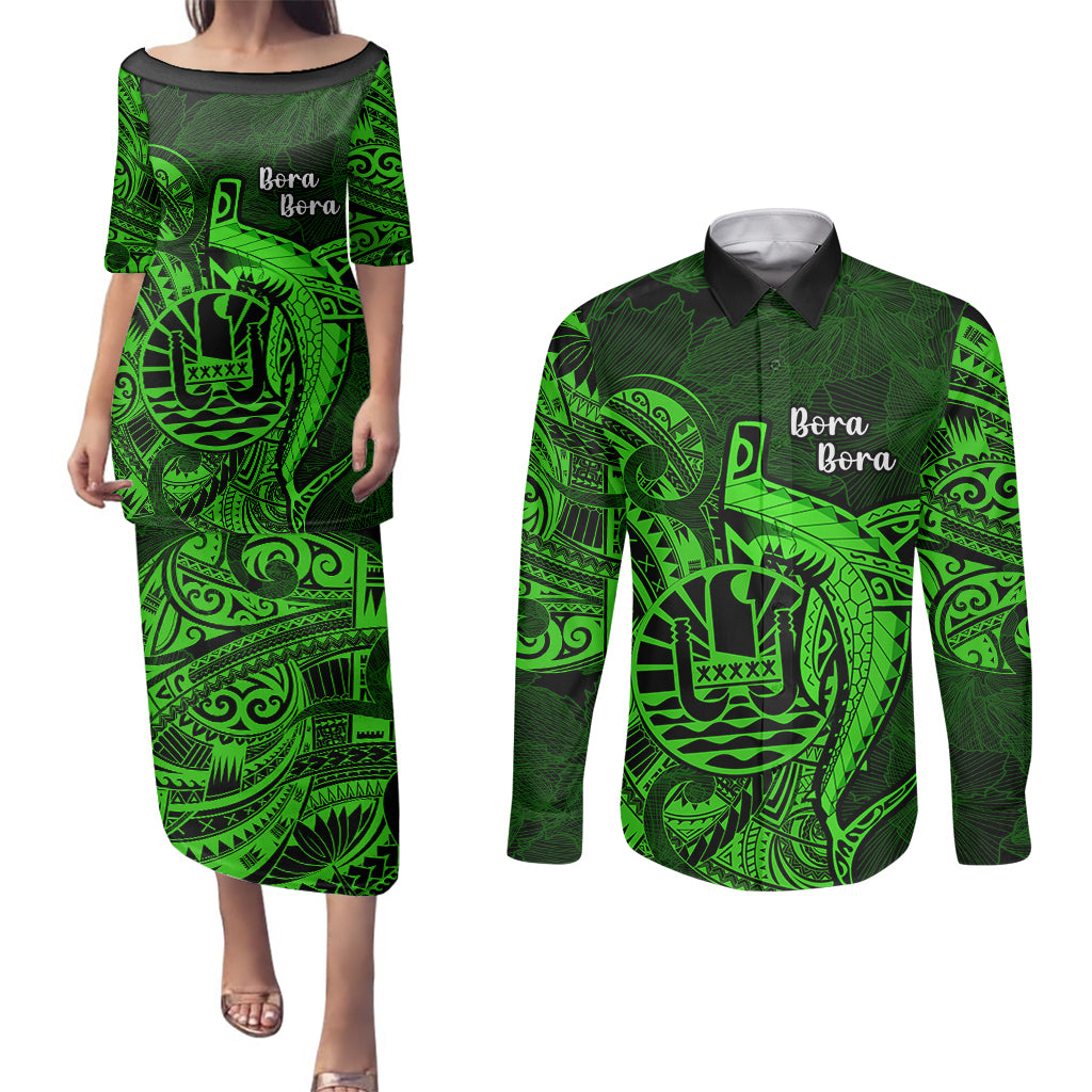 French Polynesia Bora Bora Couples Matching Puletasi Dress and Long Sleeve Button Shirts Polynesian Shark Tattoo With Hibiscus Green Version LT14 Green - Polynesian Pride