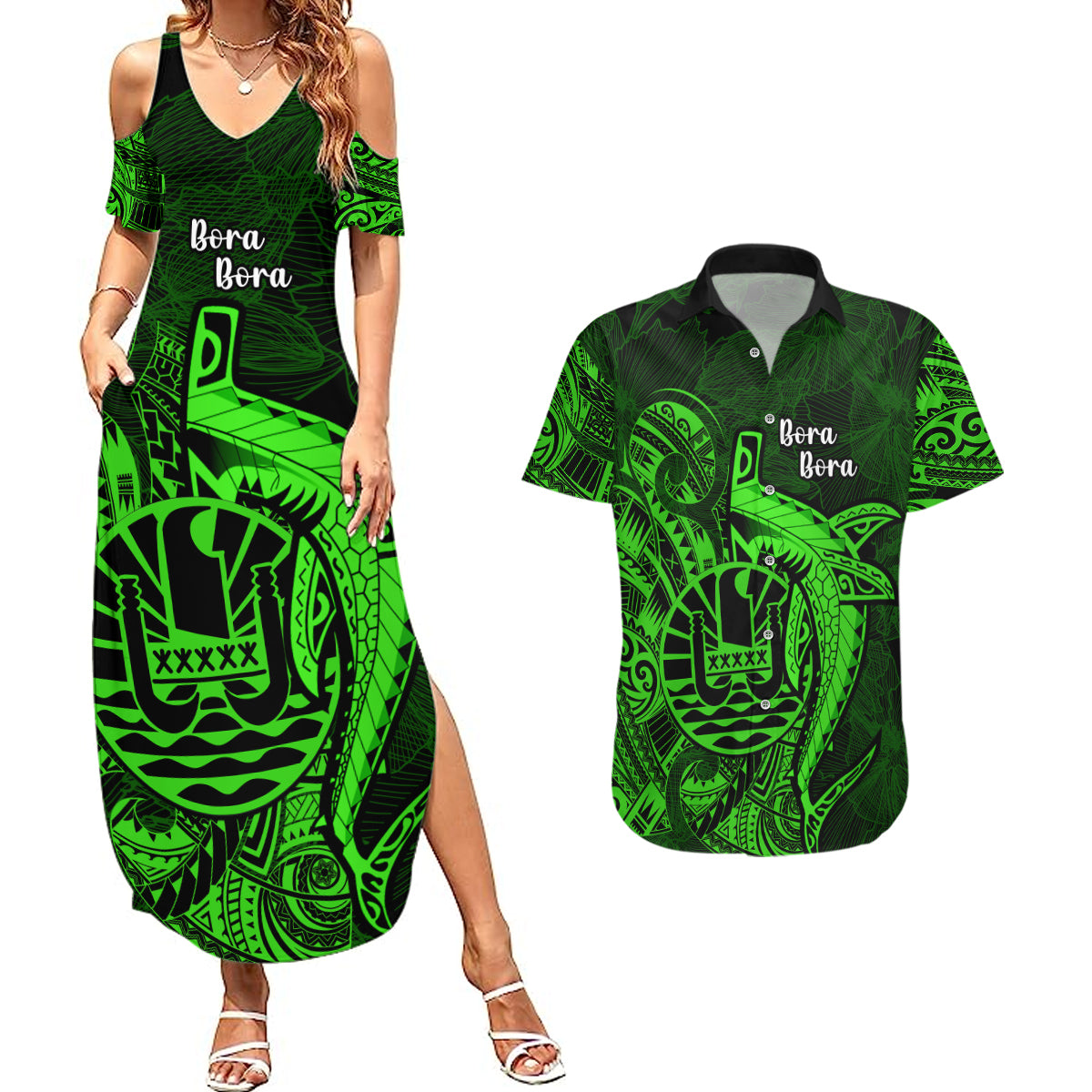 French Polynesia Bora Bora Couples Matching Summer Maxi Dress and Hawaiian Shirt Polynesian Shark Tattoo With Hibiscus Green Version LT14 Green - Polynesian Pride