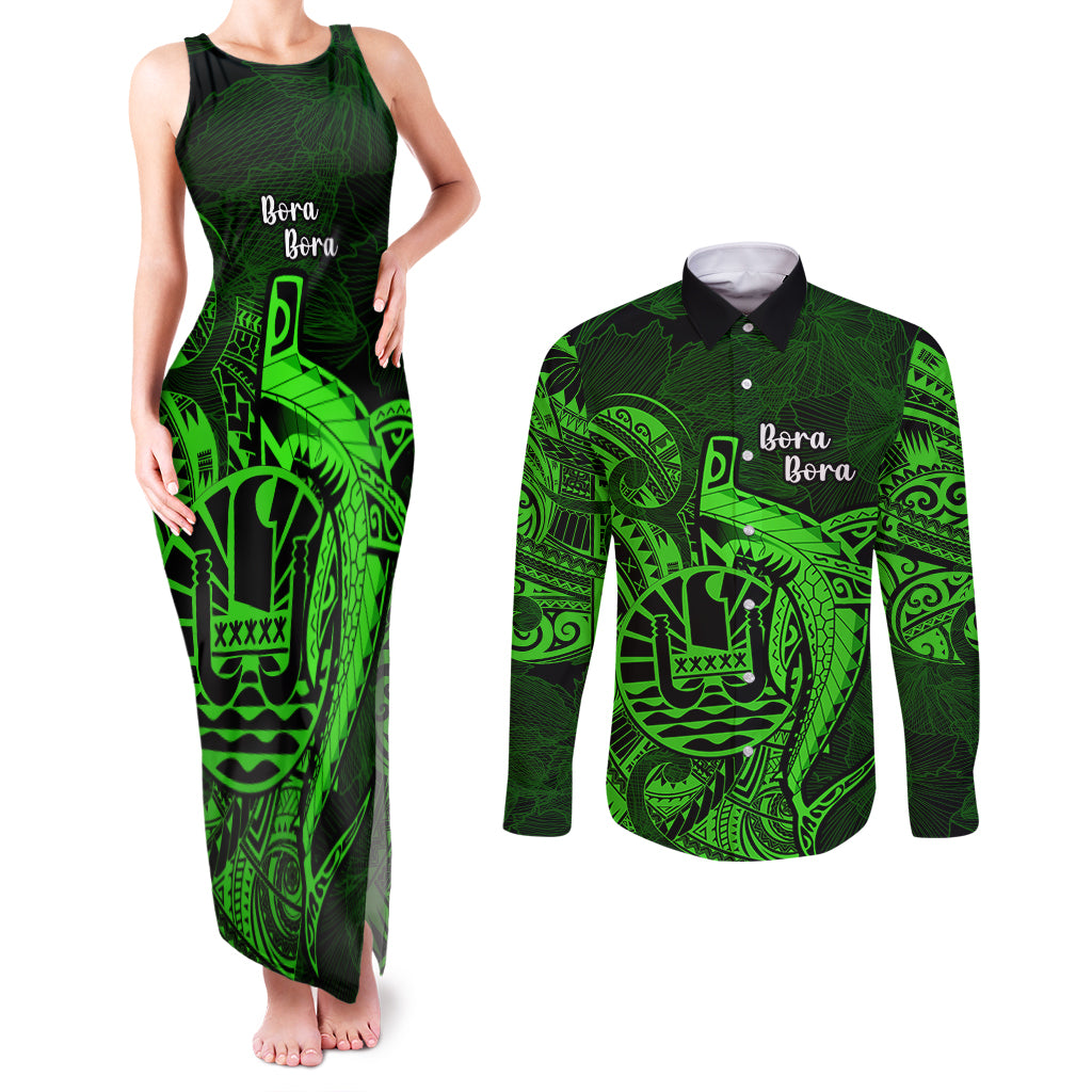 French Polynesia Bora Bora Couples Matching Tank Maxi Dress and Long Sleeve Button Shirts Polynesian Shark Tattoo With Hibiscus Green Version LT14 Green - Polynesian Pride