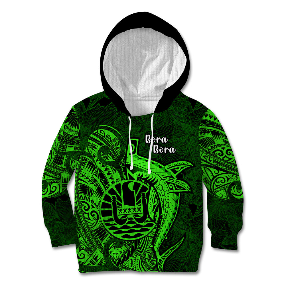 French Polynesia Bora Bora Kid Hoodie Polynesian Shark Tattoo With Hibiscus Green Version LT14 Green - Polynesian Pride