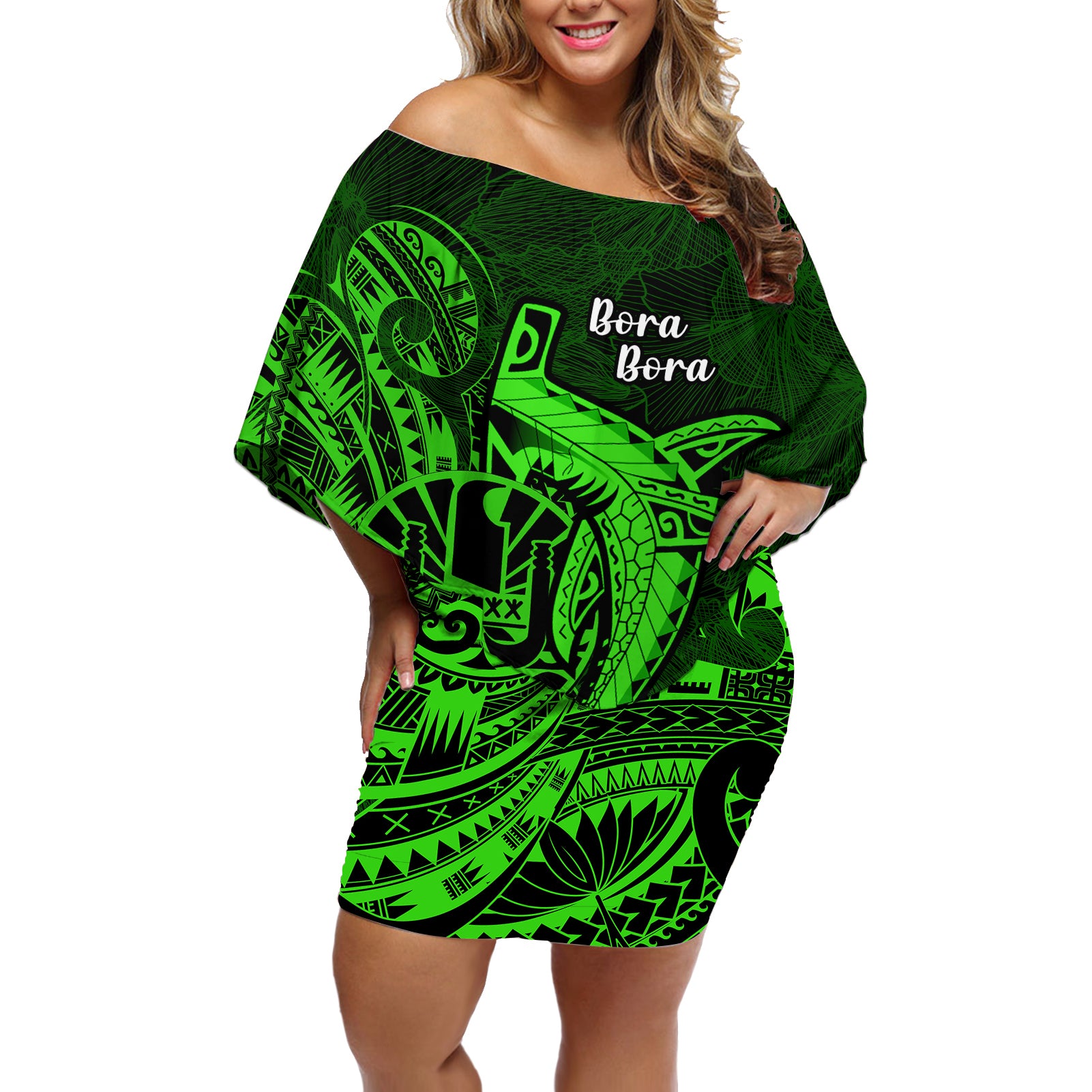 French Polynesia Bora Bora Off Shoulder Short Dress Polynesian Shark Tattoo With Hibiscus Green Version LT14 Women Green - Polynesian Pride