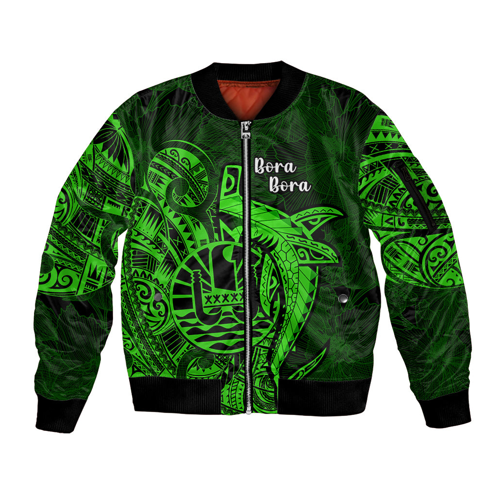 French Polynesia Bora Bora Sleeve Zip Bomber Jacket Polynesian Shark Tattoo With Hibiscus Green Version LT14 Unisex Green - Polynesian Pride