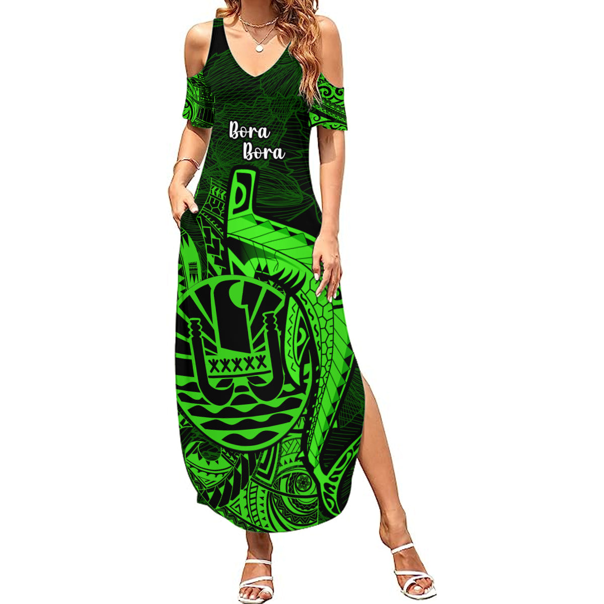 French Polynesia Bora Bora Summer Maxi Dress Polynesian Shark Tattoo With Hibiscus Green Version LT14 Women Green - Polynesian Pride