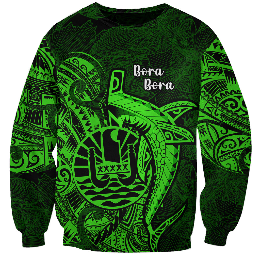 French Polynesia Bora Bora Sweatshirt Polynesian Shark Tattoo With Hibiscus Green Version LT14 Unisex Green - Polynesian Pride