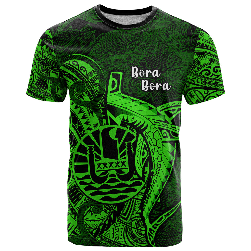 French Polynesia Bora Bora T Shirt Polynesian Shark Tattoo With Hibiscus Green Version LT14 Green - Polynesian Pride