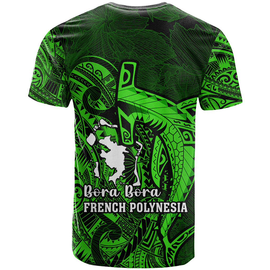 French Polynesia Bora Bora T Shirt Polynesian Shark Tattoo With Hibiscus Green Version LT14 - Polynesian Pride