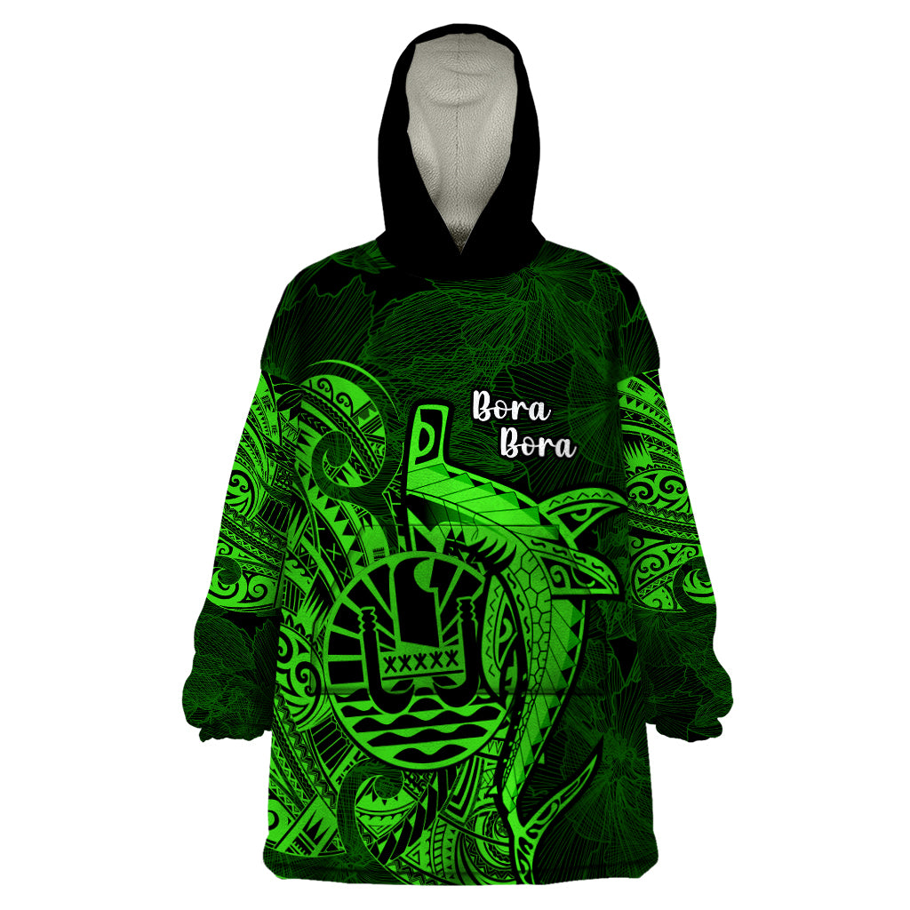 French Polynesia Bora Bora Wearable Blanket Hoodie Polynesian Shark Tattoo With Hibiscus Green Version LT14 One Size Green - Polynesian Pride