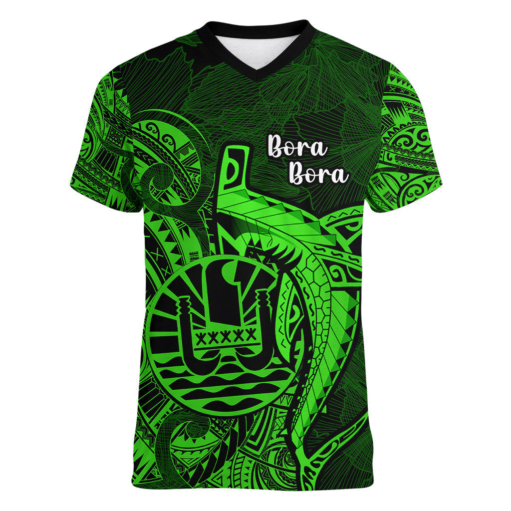 French Polynesia Bora Bora Women V Neck T Shirt Polynesian Shark Tattoo With Hibiscus Green Version LT14 Female Green - Polynesian Pride