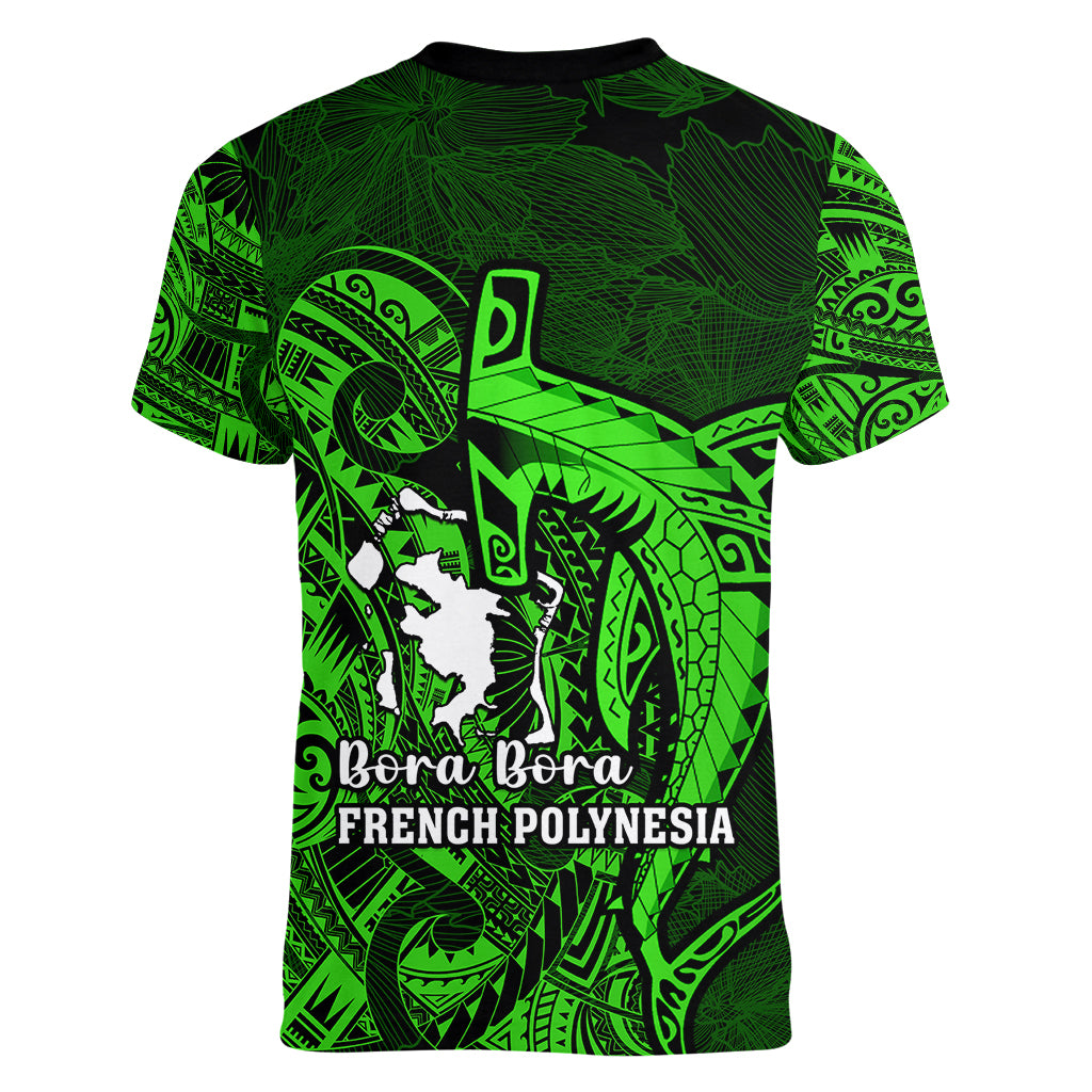 French Polynesia Bora Bora Women V Neck T Shirt Polynesian Shark Tattoo With Hibiscus Green Version LT14 - Polynesian Pride