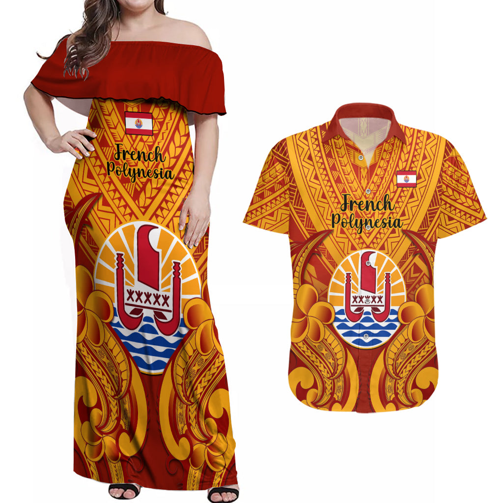 Personalised French Polynesia Couples Matching Off Shoulder Maxi Dress and Hawaiian Shirt Coat Of Arms With Polynesian Plumeria LT14 Red - Polynesian Pride